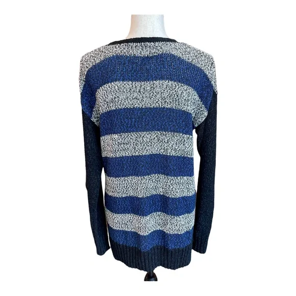 Kensie Womens V-Neck Sweater Blue Gray Black Striped Long Sleeve Pullover S - Picture 6 of 9